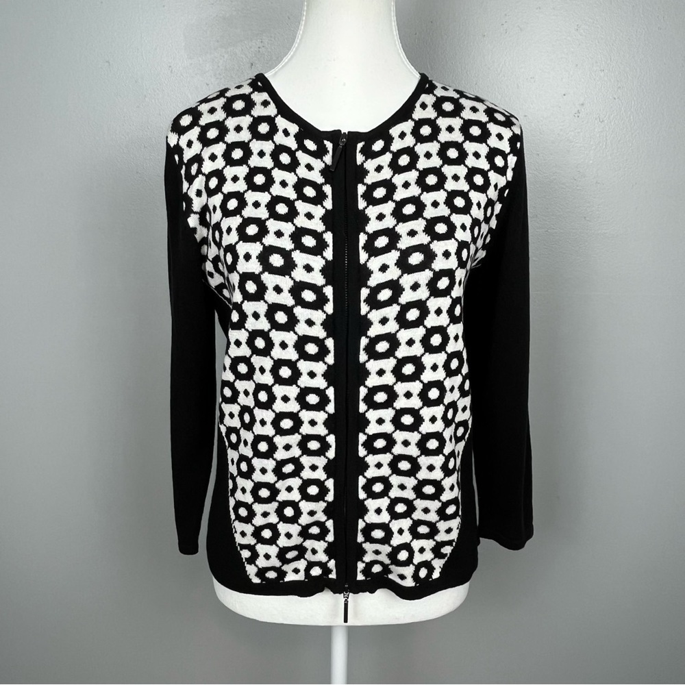 NWT Love Scarlett 3/4 sleeve 2-way zip front geometric print cardigan, small.